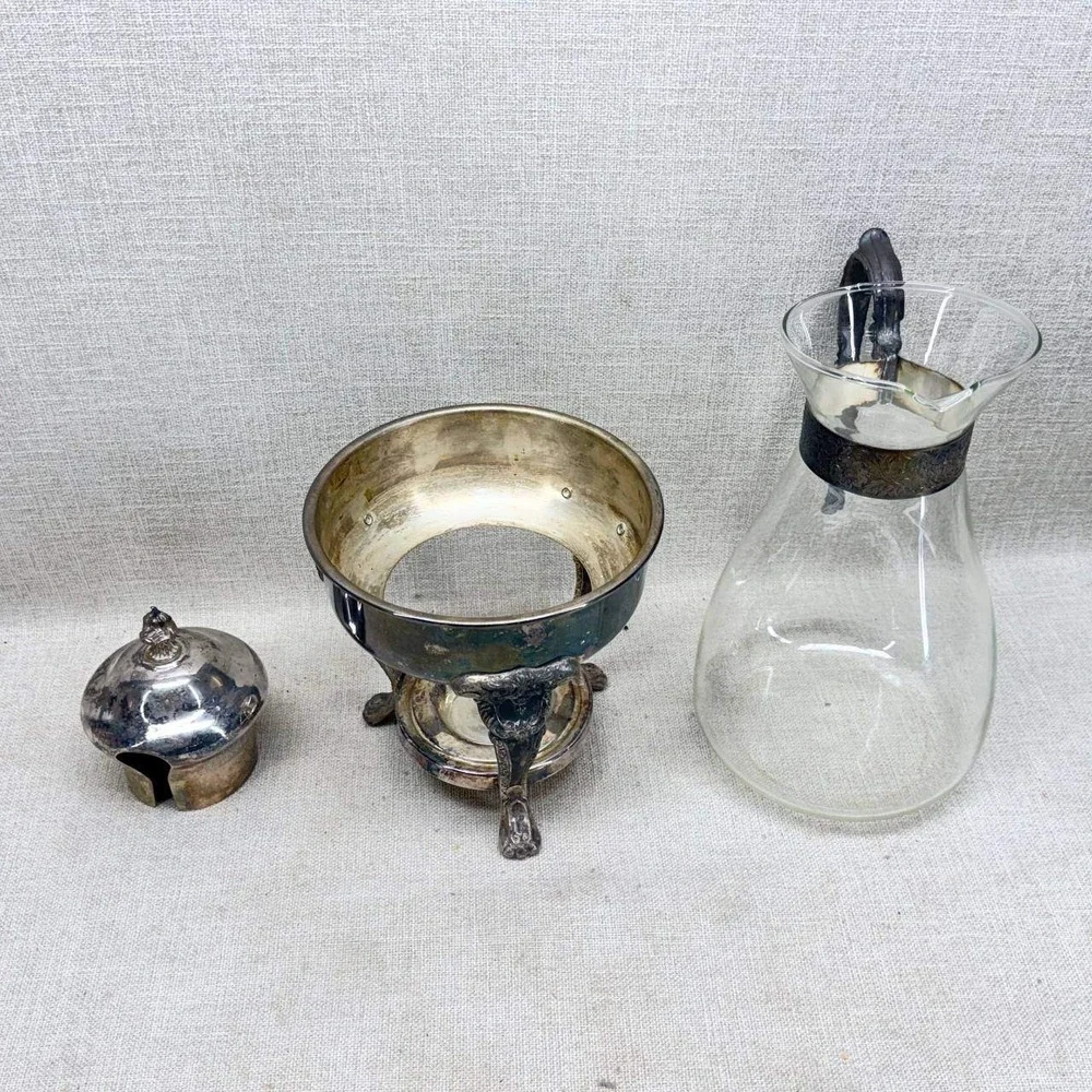 Sheridan Silver Plated Glass Coffee Carafe Decanter with Warmer Stand Vintage